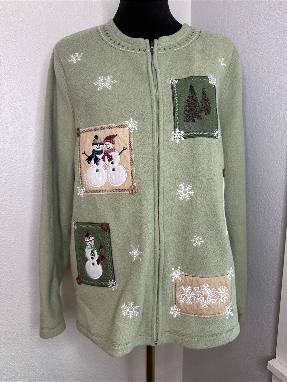 Croft & Barrow Christmas Snowman Fleece Zip Jacket size XL Sage Green Whimsical